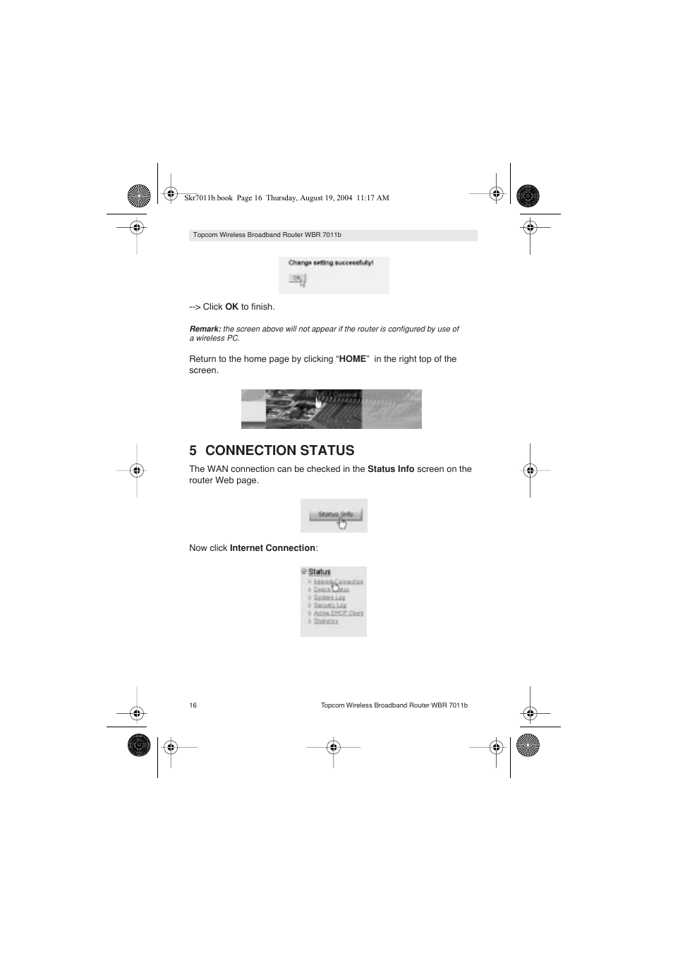 5 connection status | Topcom WBR 7011 B User Manual | Page 16 / 228