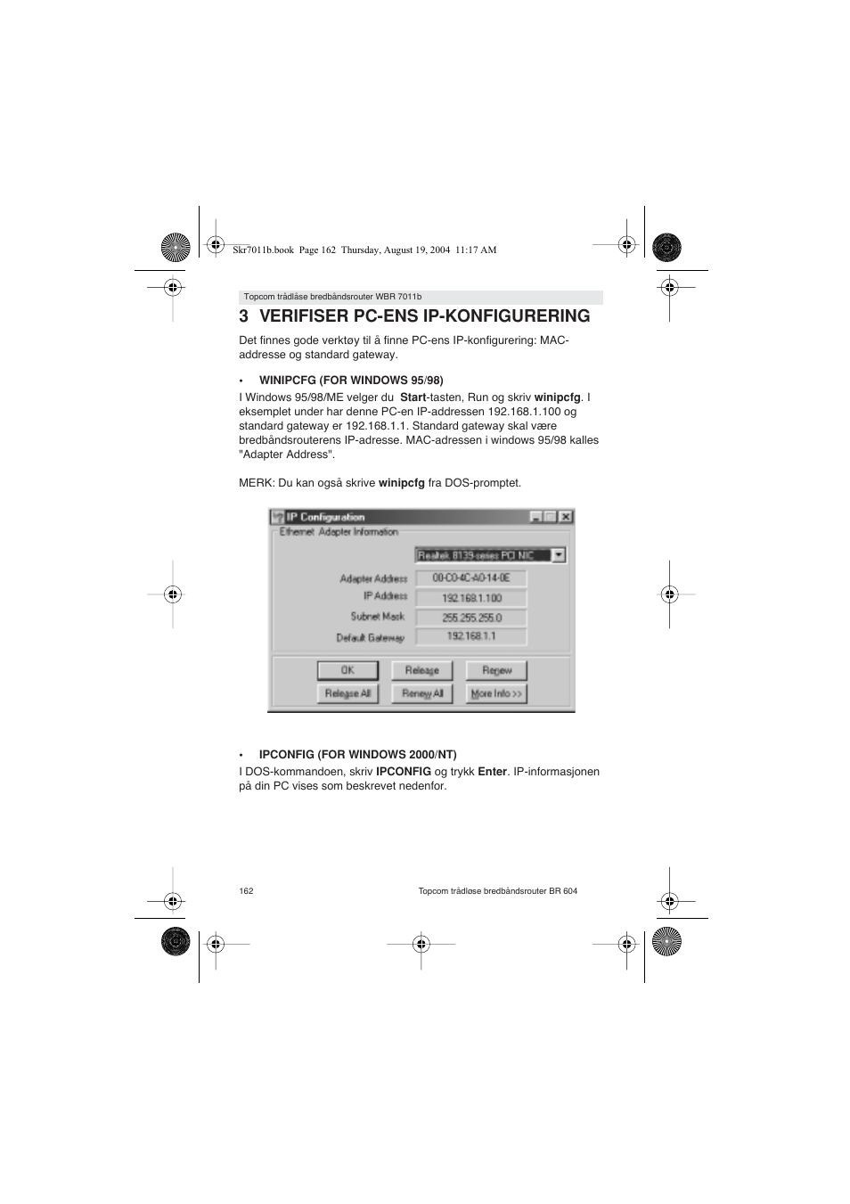 3 verifiser pc-ens ip-konfigurering | Topcom WBR 7011 B User Manual | Page 162 / 228