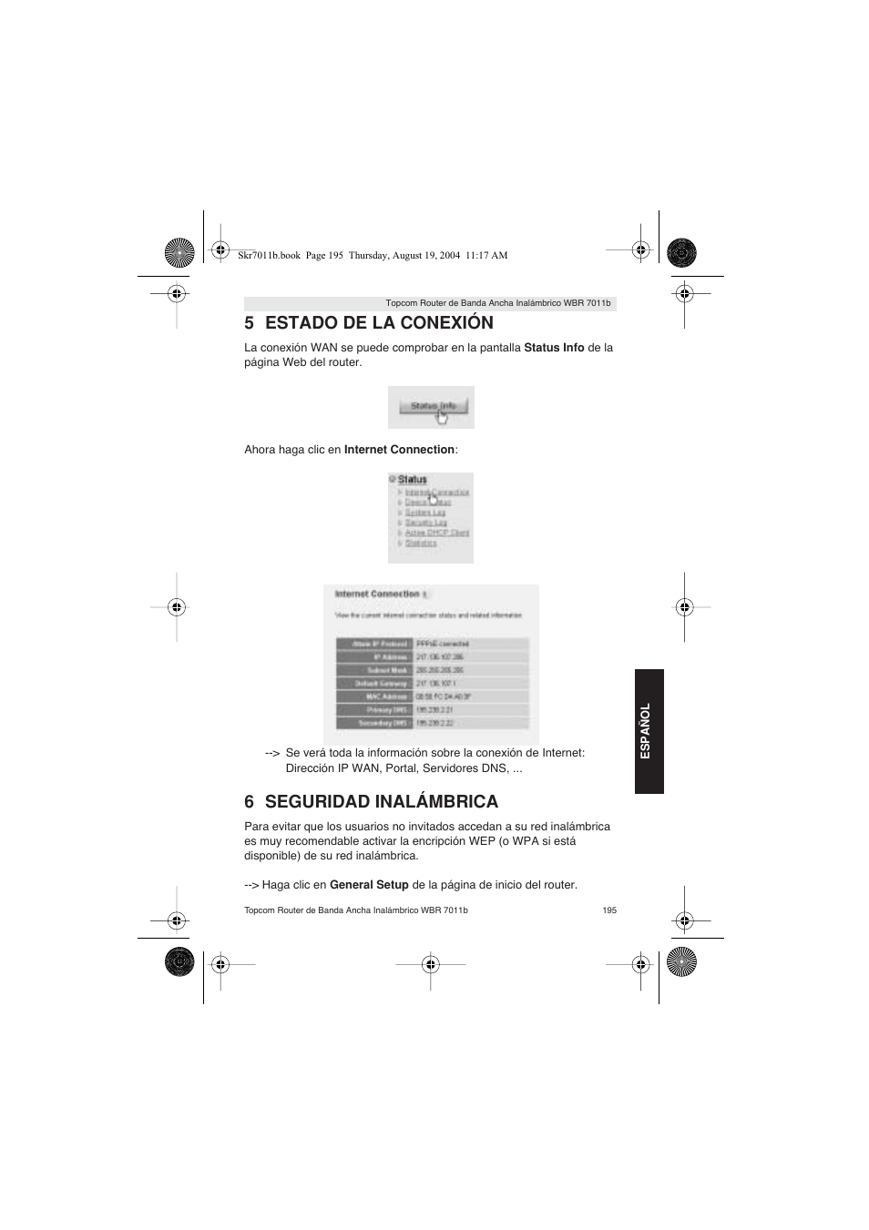 5 estado de la conexión, 6 seguridad inalámbrica | Topcom WBR 7011 B User Manual | Page 195 / 228