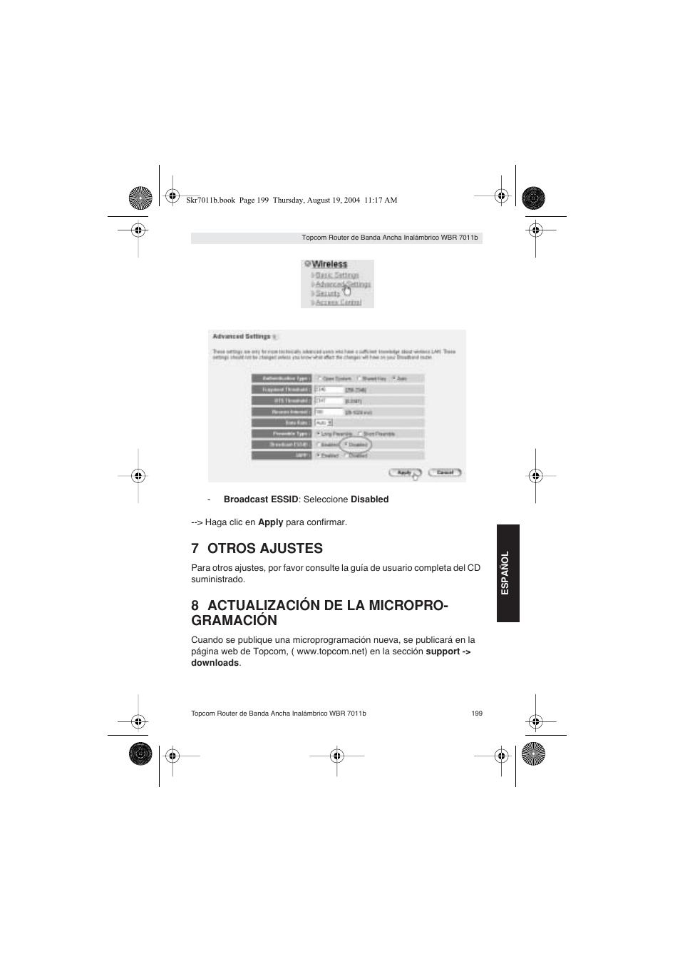 7 otros ajustes, 8 actualización de la micropro- gramación | Topcom WBR 7011 B User Manual | Page 199 / 228