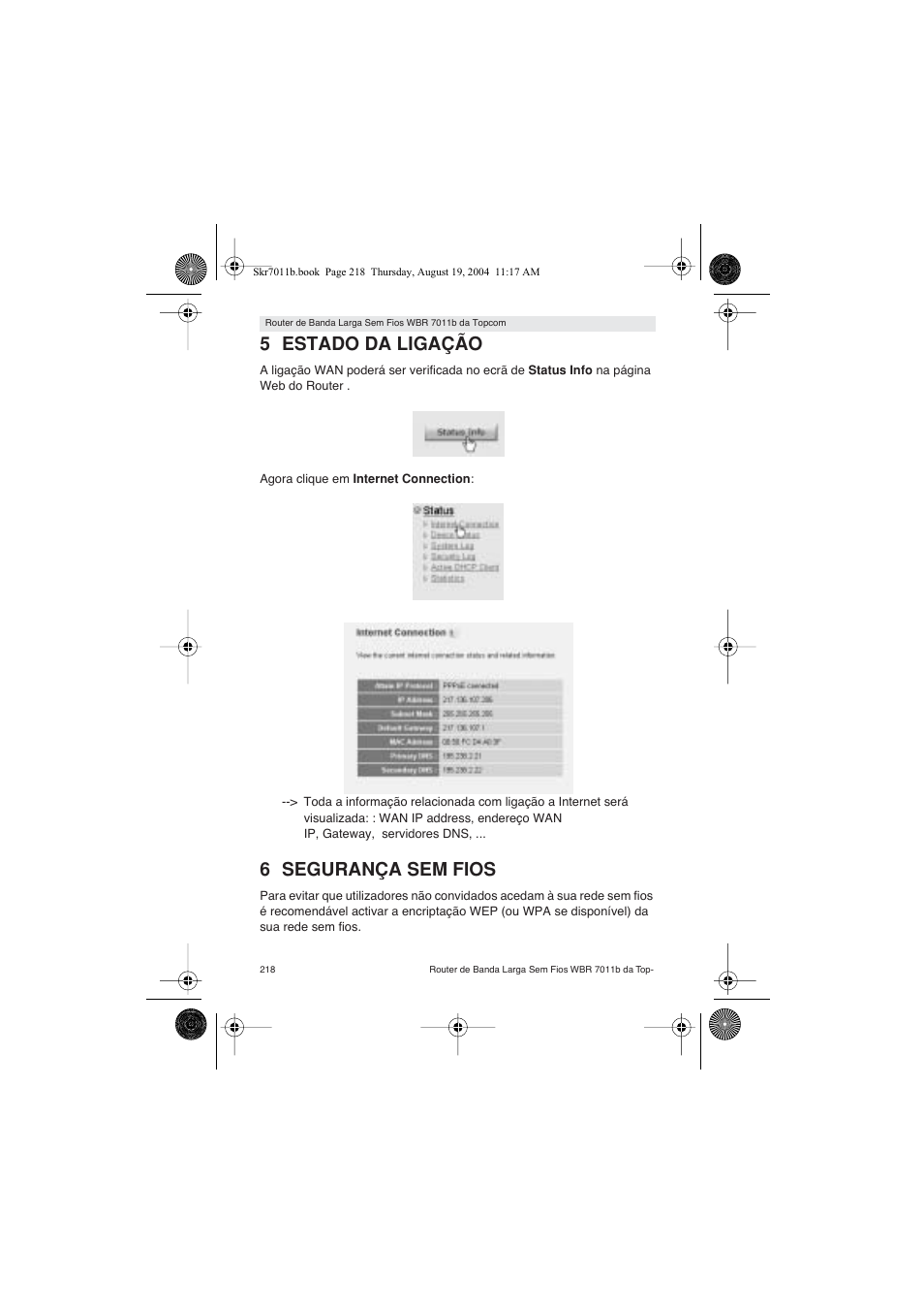 5 estado da ligação, 6 segurança sem fios | Topcom WBR 7011 B User Manual | Page 218 / 228