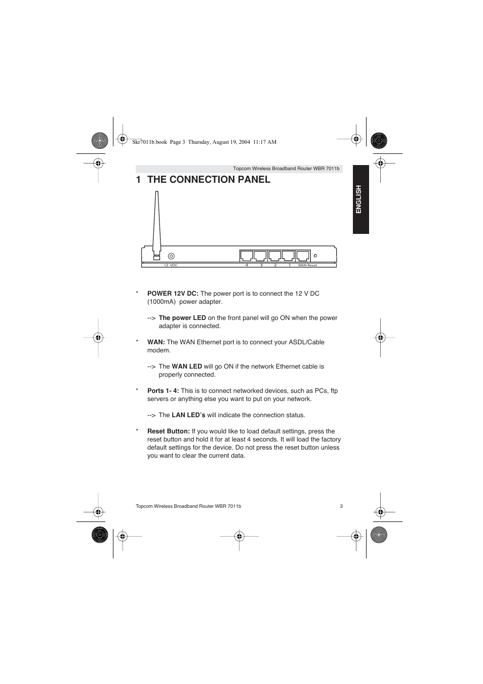 1 the connection panel | Topcom WBR 7011 B User Manual | Page 3 / 228