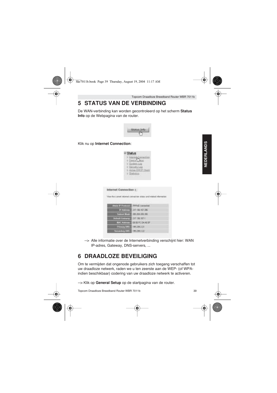 5 status van de verbinding, 6 draadloze beveiliging | Topcom WBR 7011 B User Manual | Page 39 / 228