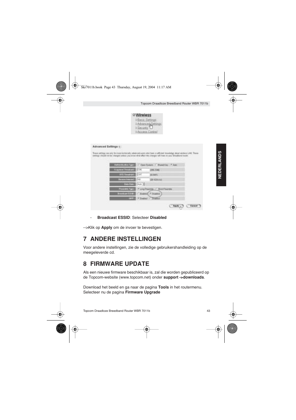 7 andere instellingen, 8 firmware update | Topcom WBR 7011 B User Manual | Page 43 / 228