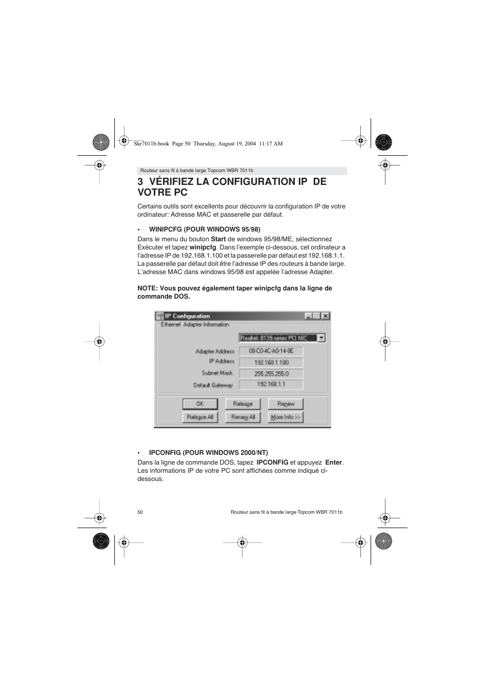 3 vérifiez la configuration ip de votre pc | Topcom WBR 7011 B User Manual | Page 50 / 228