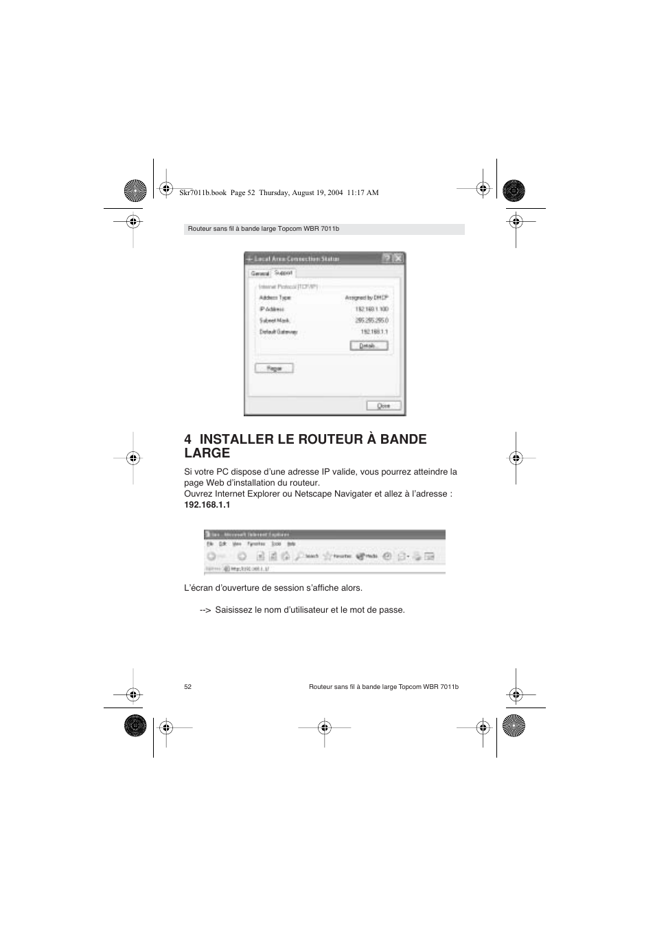 4 installer le routeur à bande large | Topcom WBR 7011 B User Manual | Page 52 / 228