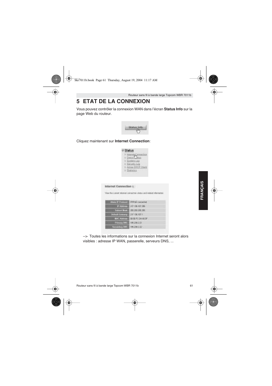 5 etat de la connexion | Topcom WBR 7011 B User Manual | Page 61 / 228