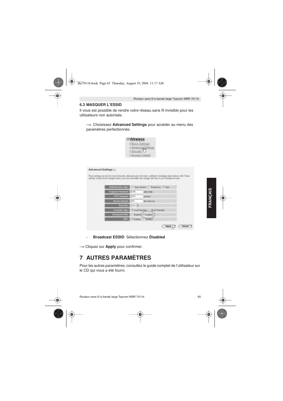 7 autres paramètres | Topcom WBR 7011 B User Manual | Page 65 / 228