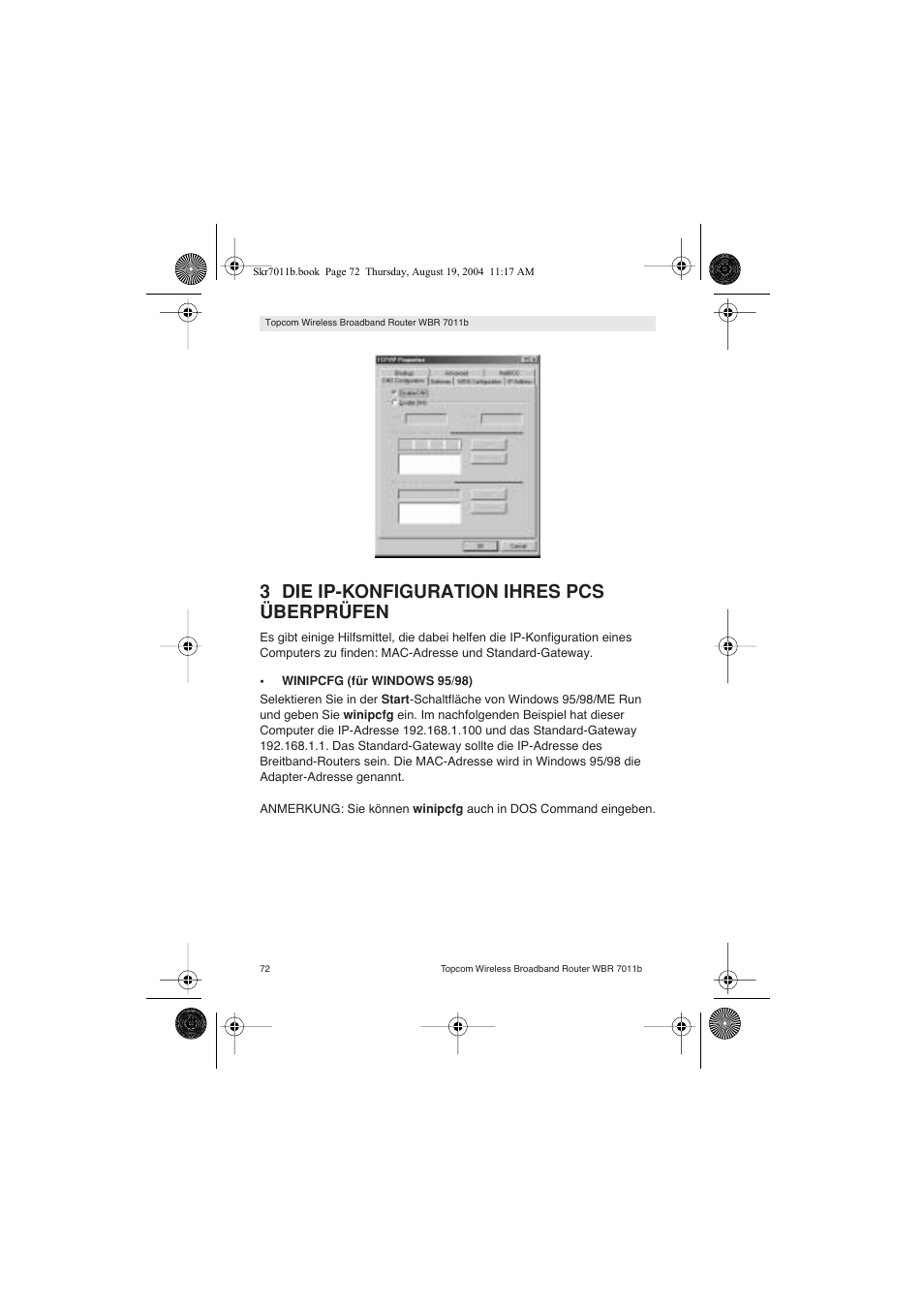 3 die ip-konfiguration ihres pcs überprüfen | Topcom WBR 7011 B User Manual | Page 72 / 228