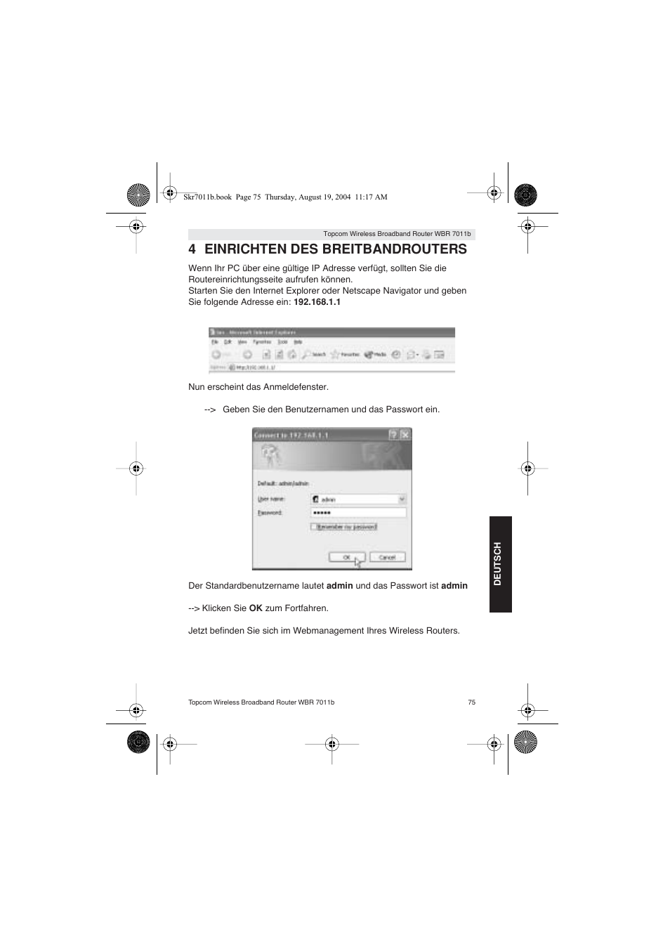 4 einrichten des breitbandrouters | Topcom WBR 7011 B User Manual | Page 75 / 228