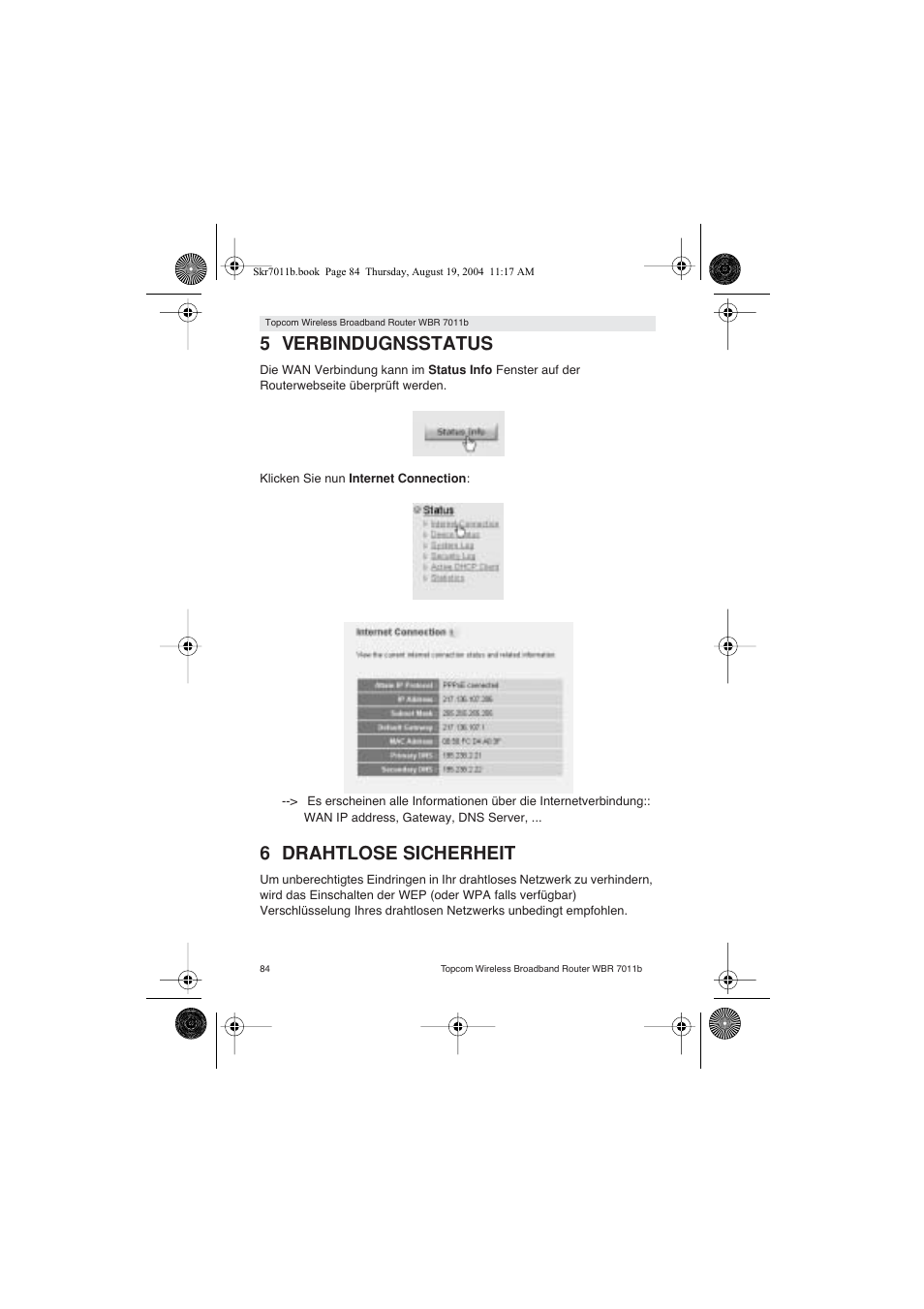 5 verbindugnsstatus, 6 drahtlose sicherheit | Topcom WBR 7011 B User Manual | Page 84 / 228