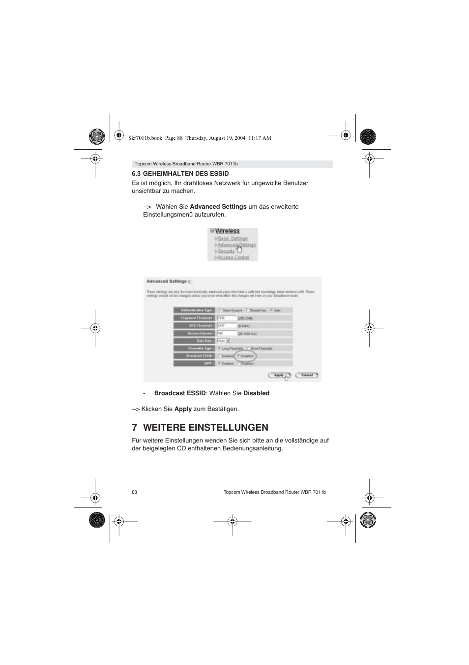 7 weitere einstellungen | Topcom WBR 7011 B User Manual | Page 88 / 228