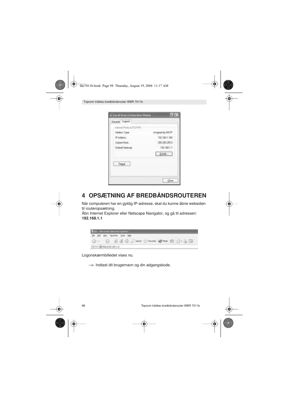 4 opsætning af bredbåndsrouteren | Topcom WBR 7011 B User Manual | Page 98 / 228