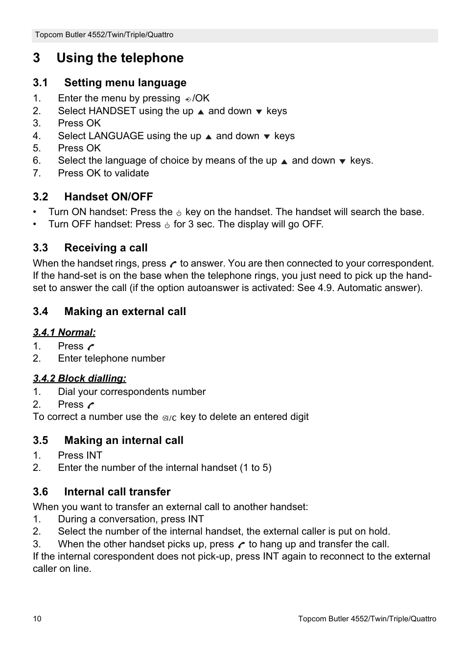 3using the telephone | Topcom BUTLER 4552 User Manual | Page 10 / 32