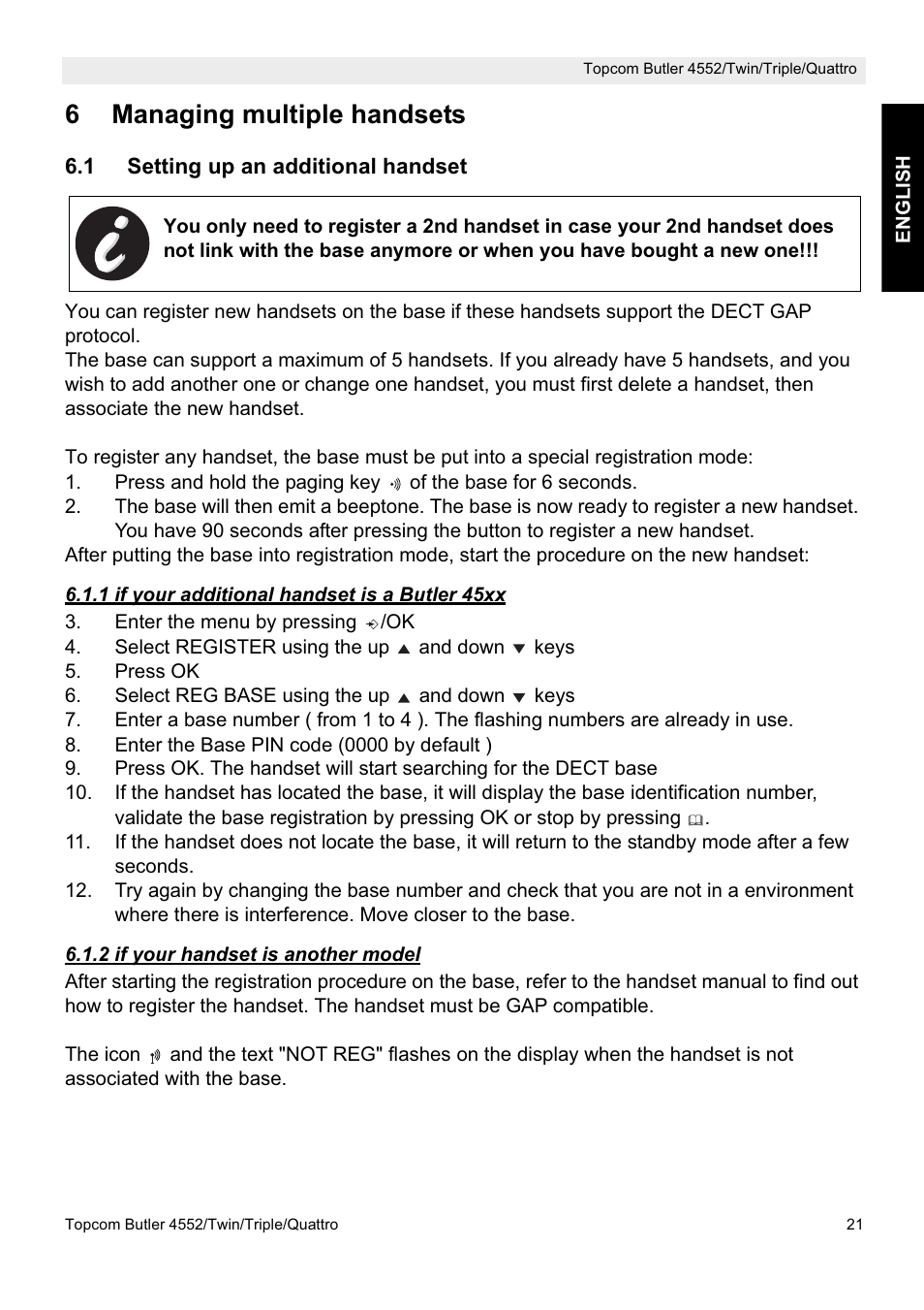 6managing multiple handsets | Topcom BUTLER 4552 User Manual | Page 21 / 32