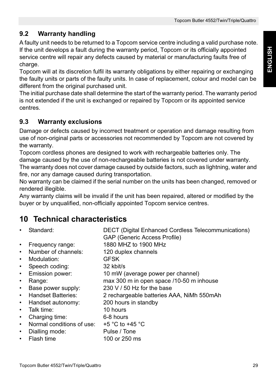 10 technical characteristics | Topcom BUTLER 4552 User Manual | Page 29 / 32