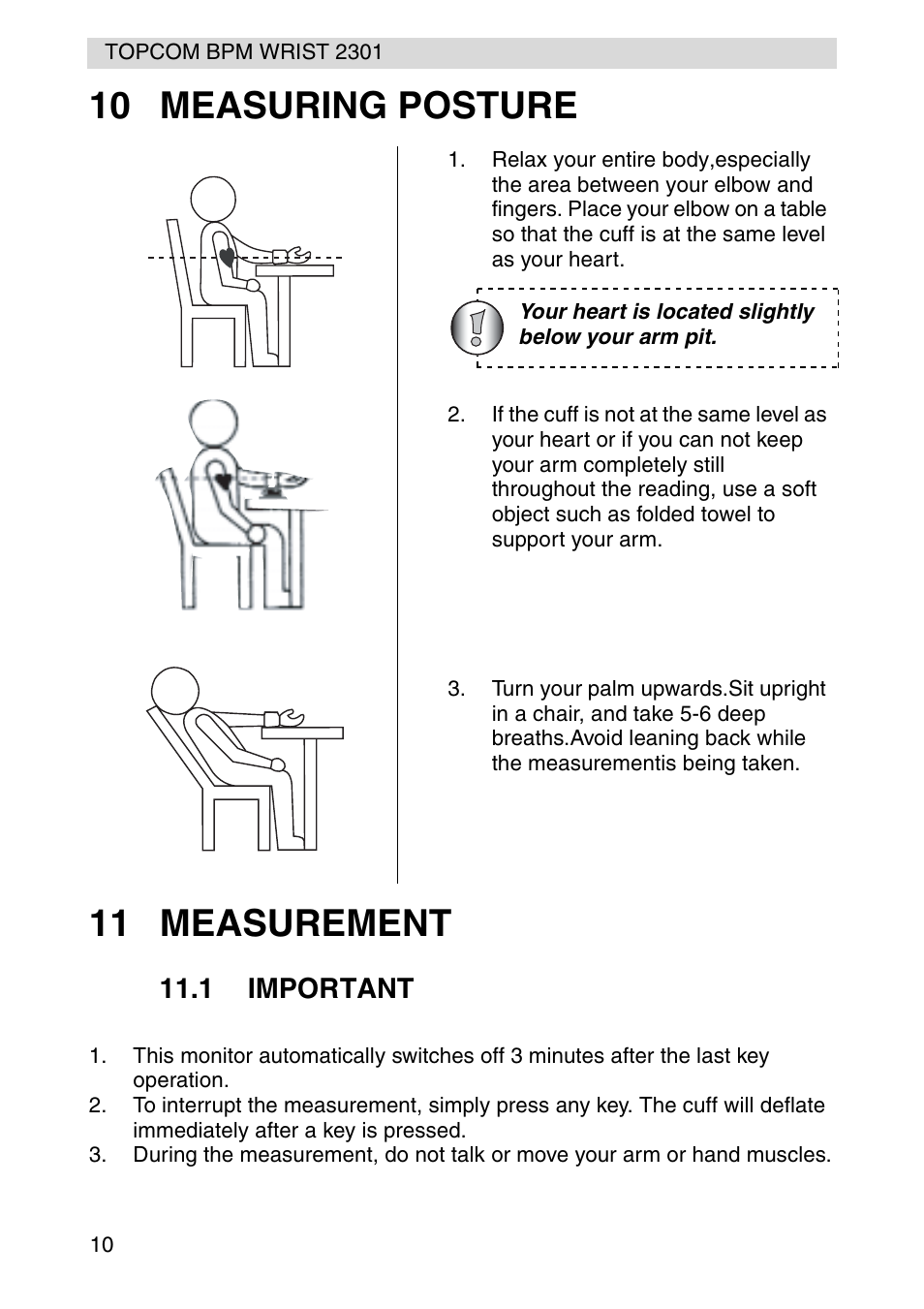 10 measuring posture 11 measurement | Topcom BPM Wrist 2301 User Manual | Page 10 / 112