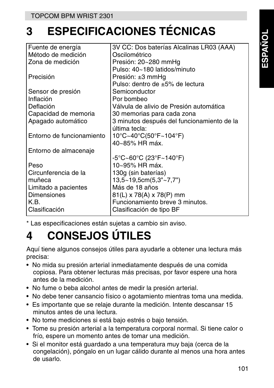 3especificaciones técnicas, 4consejos útiles | Topcom BPM Wrist 2301 User Manual | Page 101 / 112
