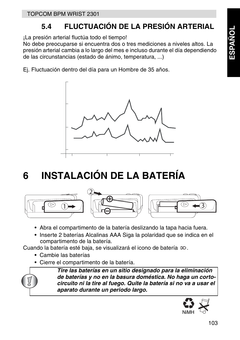 6instalación de la batería, Esp añol 5.4 fluctuación de la presión arterial | Topcom BPM Wrist 2301 User Manual | Page 103 / 112