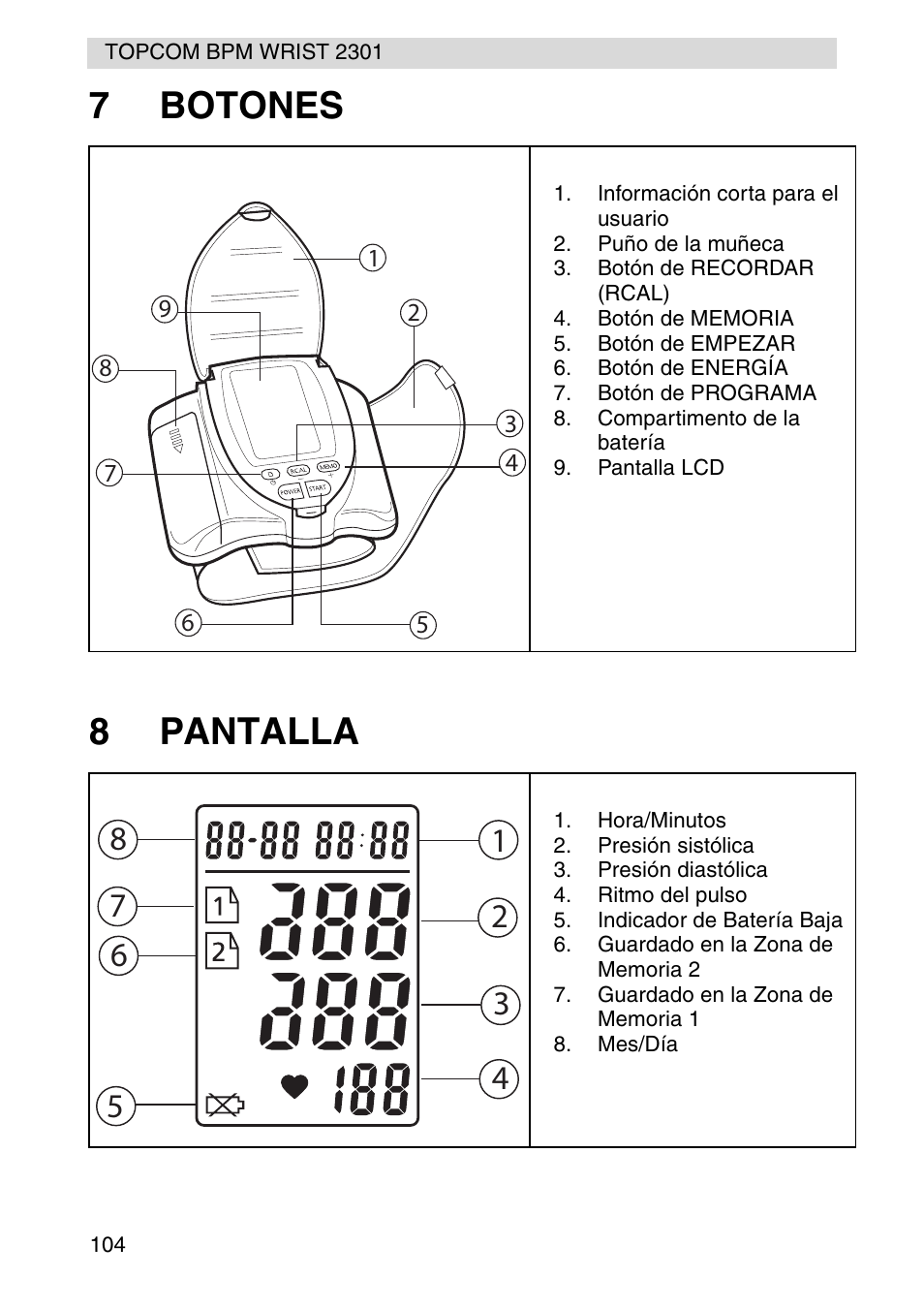7botones 8 pantalla | Topcom BPM Wrist 2301 User Manual | Page 104 / 112