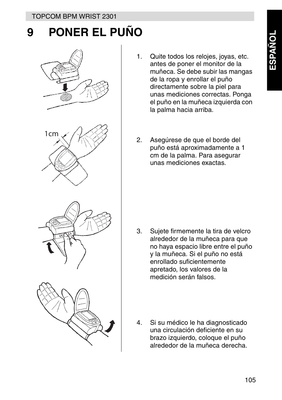 9poner el puño | Topcom BPM Wrist 2301 User Manual | Page 105 / 112