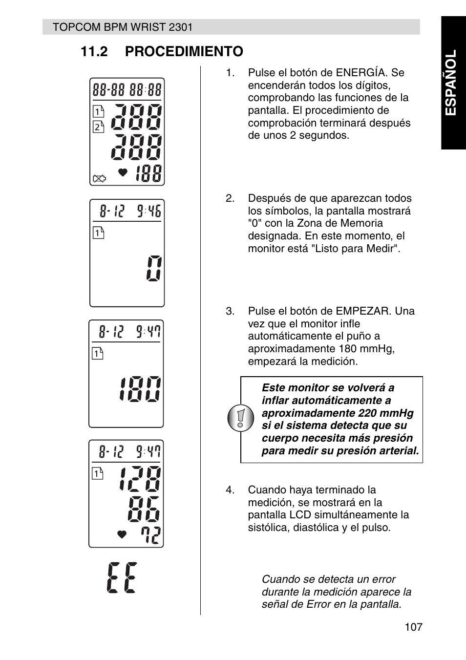 Esp añol 11.2 procedimiento | Topcom BPM Wrist 2301 User Manual | Page 107 / 112