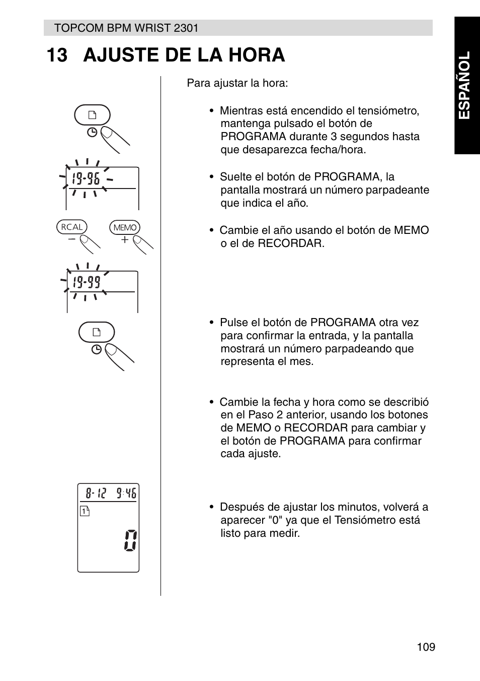 13 ajuste de la hora, Esp añol | Topcom BPM Wrist 2301 User Manual | Page 109 / 112