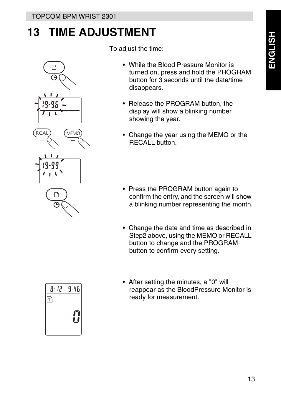 13 time adjustment, Engl ish | Topcom BPM Wrist 2301 User Manual | Page 13 / 112