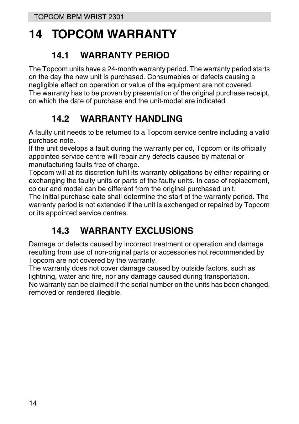 14 topcom warranty | Topcom BPM Wrist 2301 User Manual | Page 14 / 112