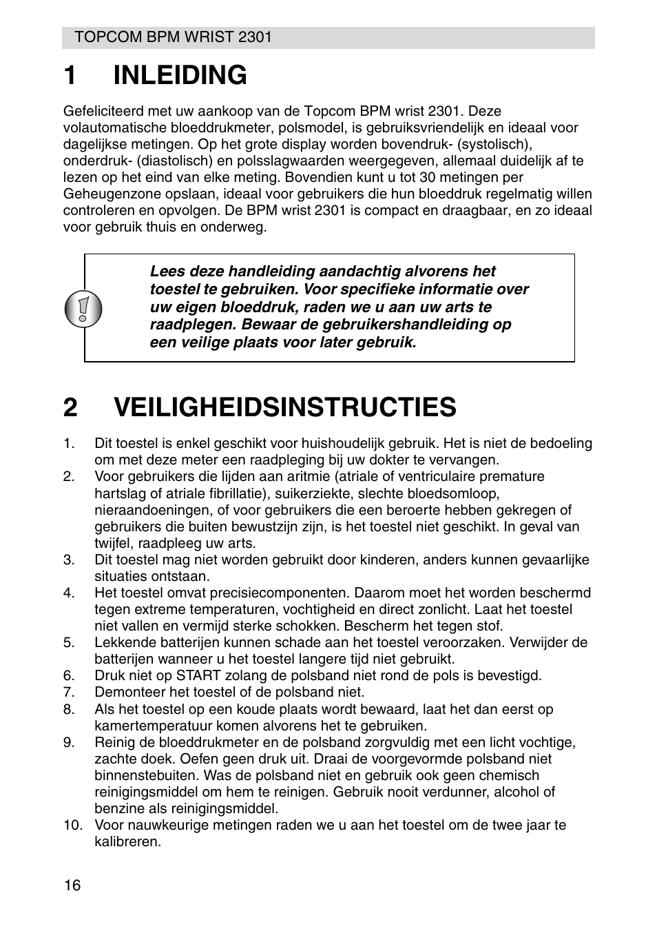 1inleiding, 2veiligheidsinstructies | Topcom BPM Wrist 2301 User Manual | Page 16 / 112