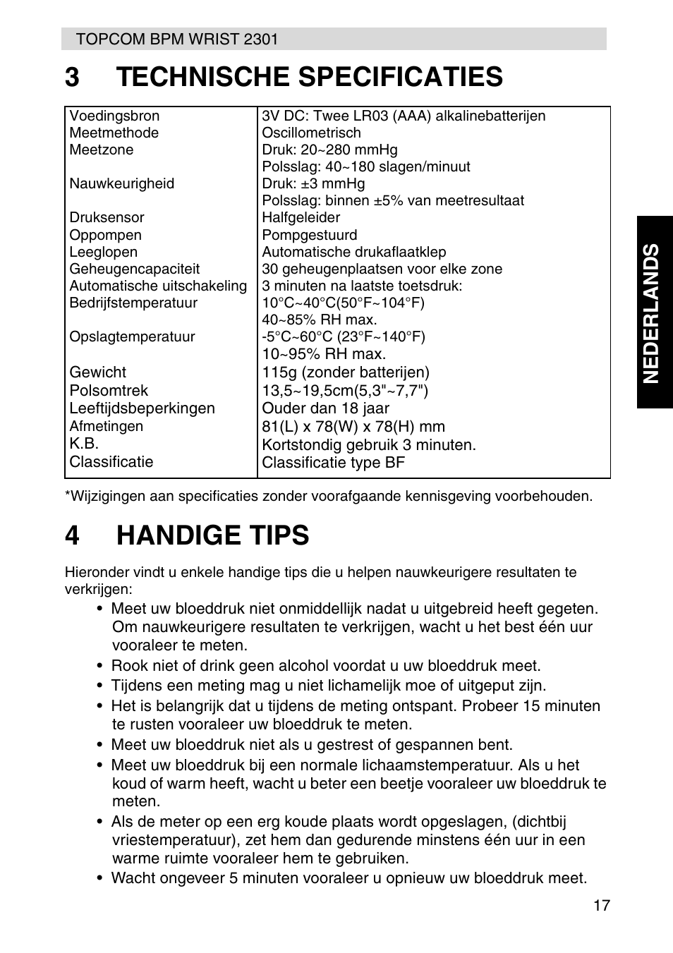 3technische specificaties, 4handige tips, Nederlands | Topcom BPM Wrist 2301 User Manual | Page 17 / 112