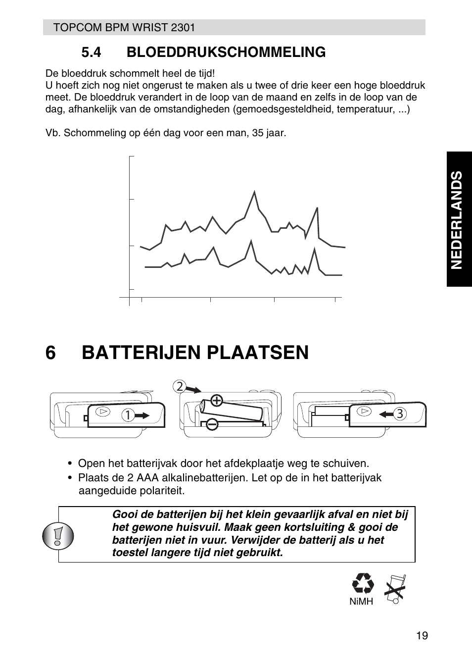 6batterijen plaatsen, Nederlands 5.4 bloeddrukschommeling | Topcom BPM Wrist 2301 User Manual | Page 19 / 112