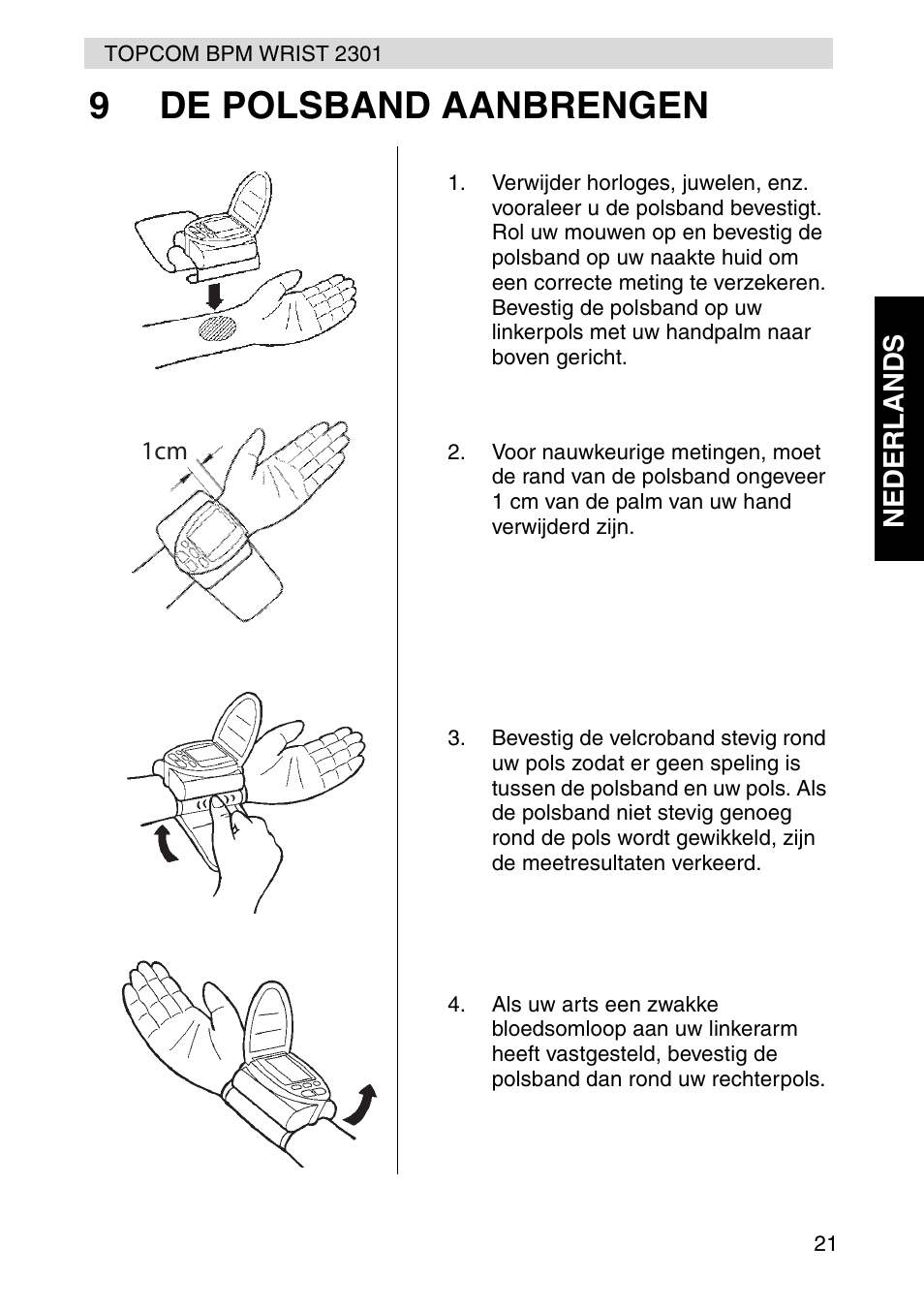 9de polsband aanbrengen | Topcom BPM Wrist 2301 User Manual | Page 21 / 112