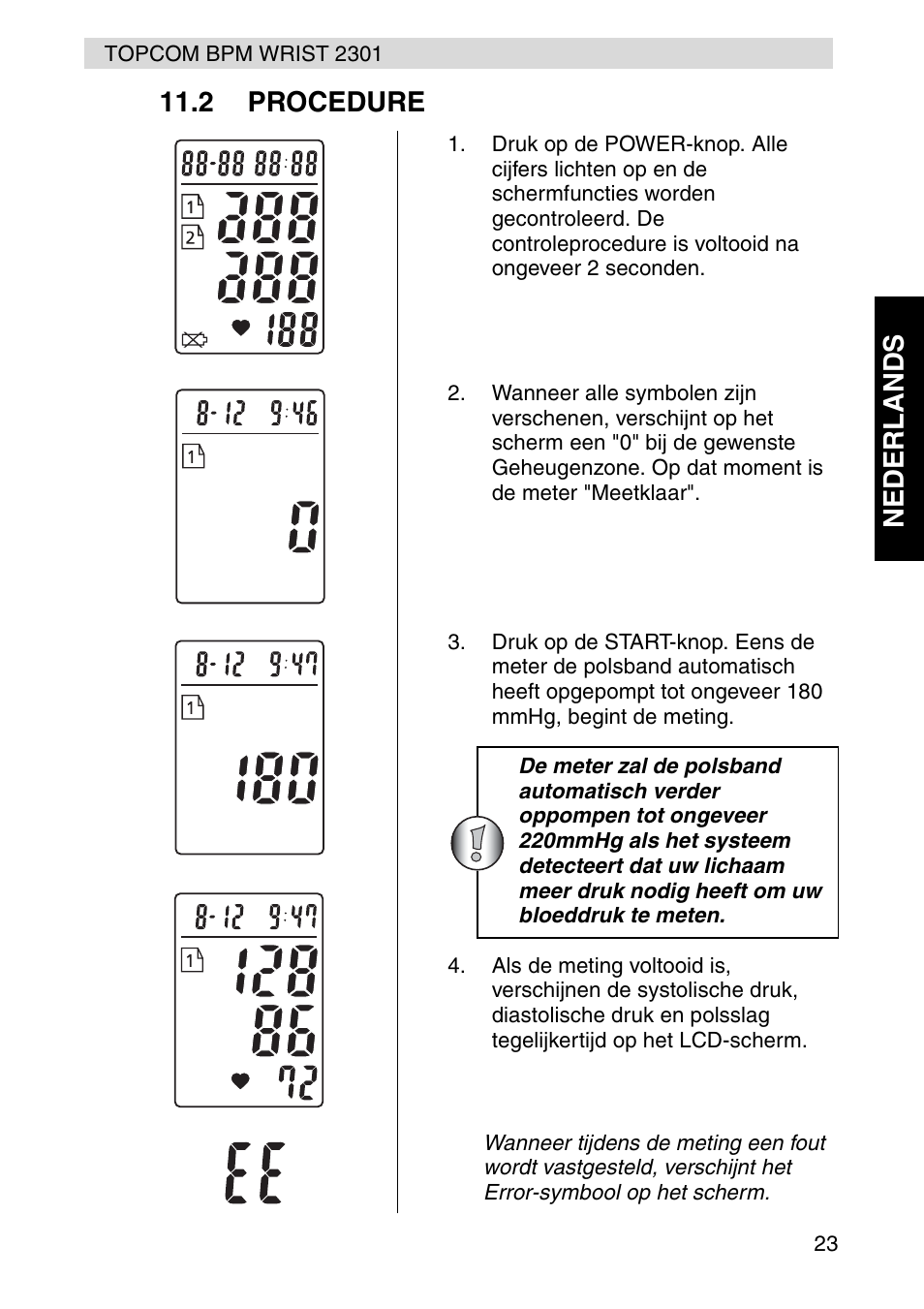 Nederlands 11.2 procedure | Topcom BPM Wrist 2301 User Manual | Page 23 / 112