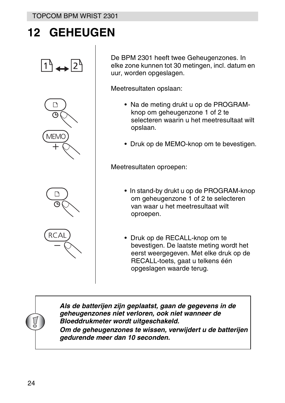 12 geheugen | Topcom BPM Wrist 2301 User Manual | Page 24 / 112