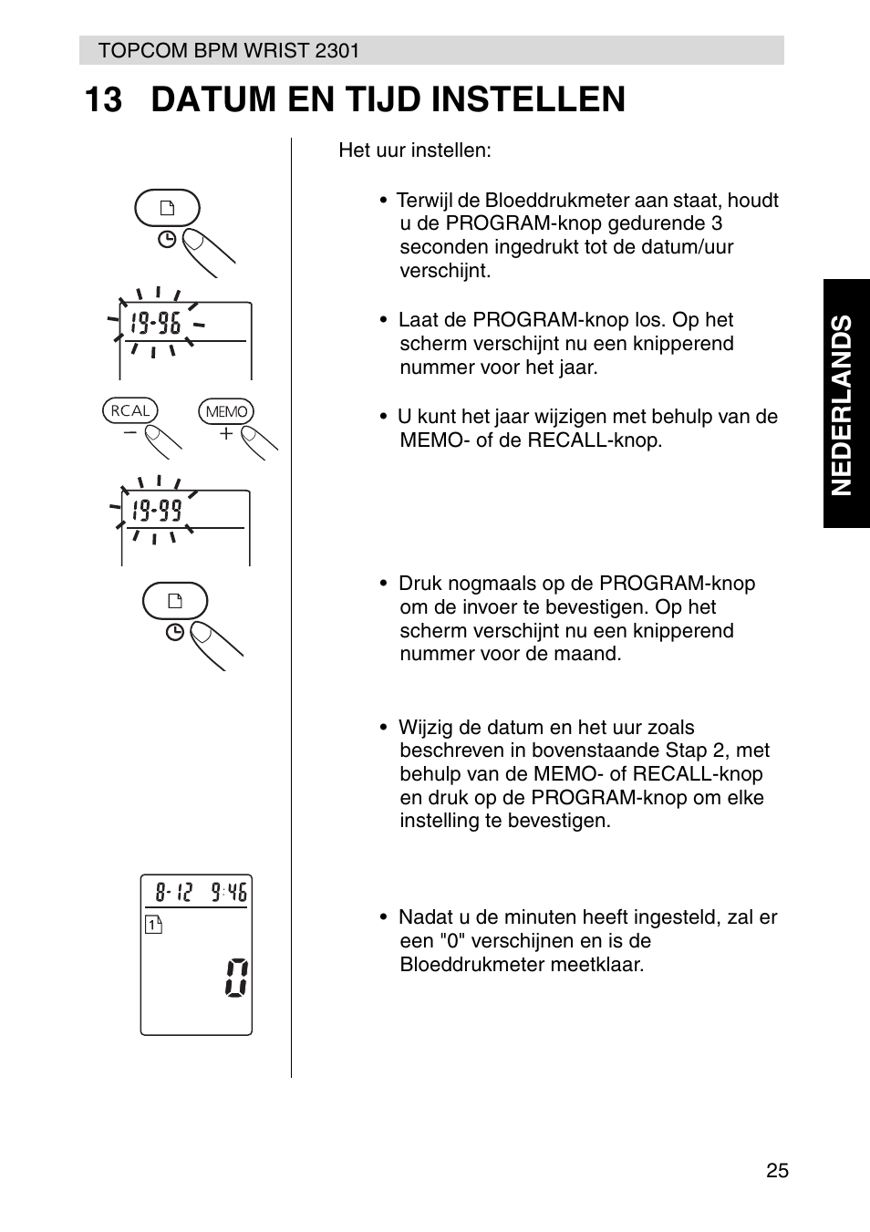 13 datum en tijd instellen, Nederlands | Topcom BPM Wrist 2301 User Manual | Page 25 / 112