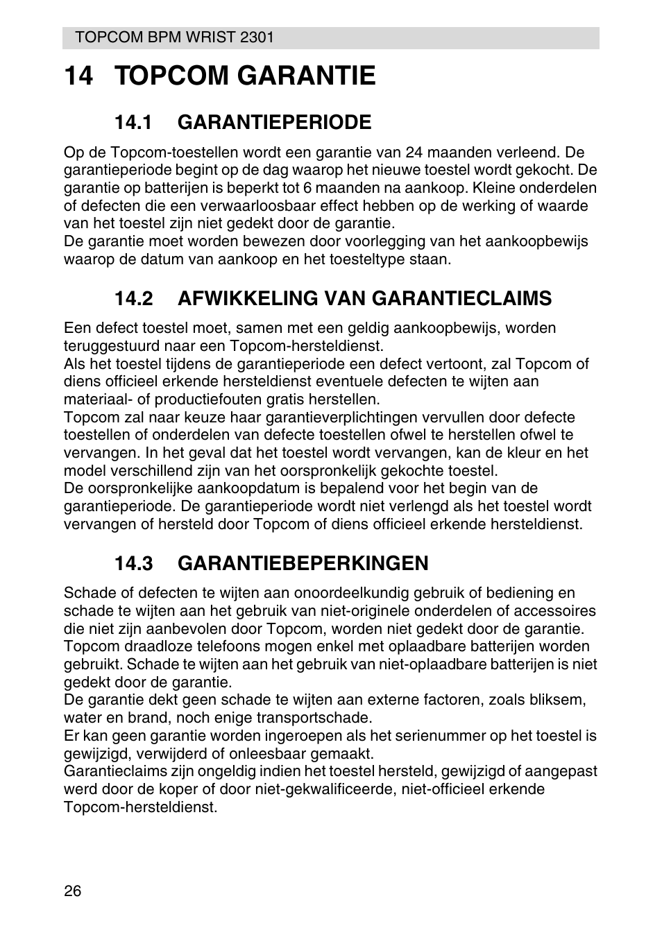 14 topcom garantie | Topcom BPM Wrist 2301 User Manual | Page 26 / 112