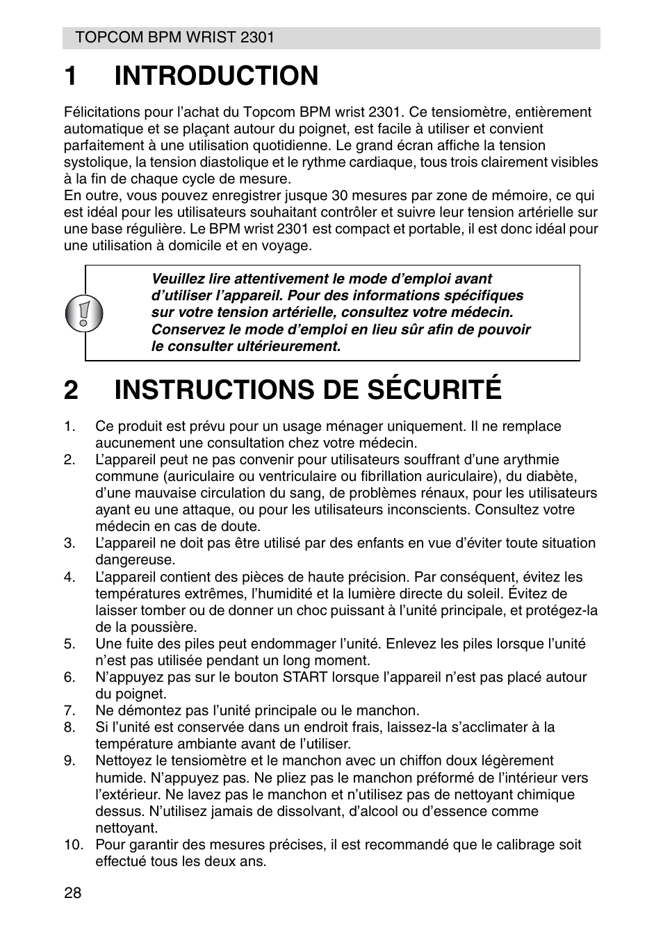 1introduction, 2instructions de sécurité | Topcom BPM Wrist 2301 User Manual | Page 28 / 112