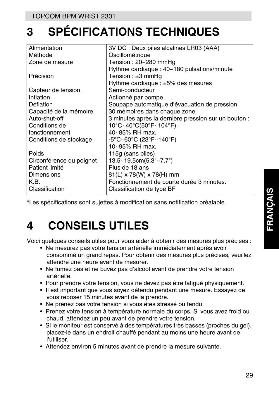 3spécifications techniques, 4conseils utiles, Fr ançais | Topcom BPM Wrist 2301 User Manual | Page 29 / 112