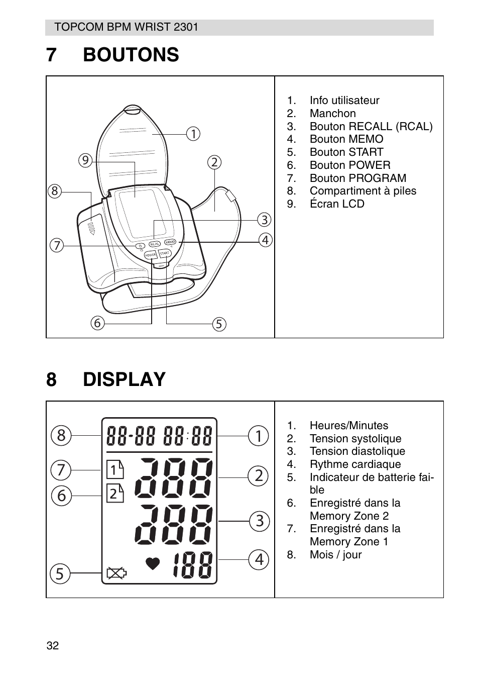 7boutons 8 display | Topcom BPM Wrist 2301 User Manual | Page 32 / 112