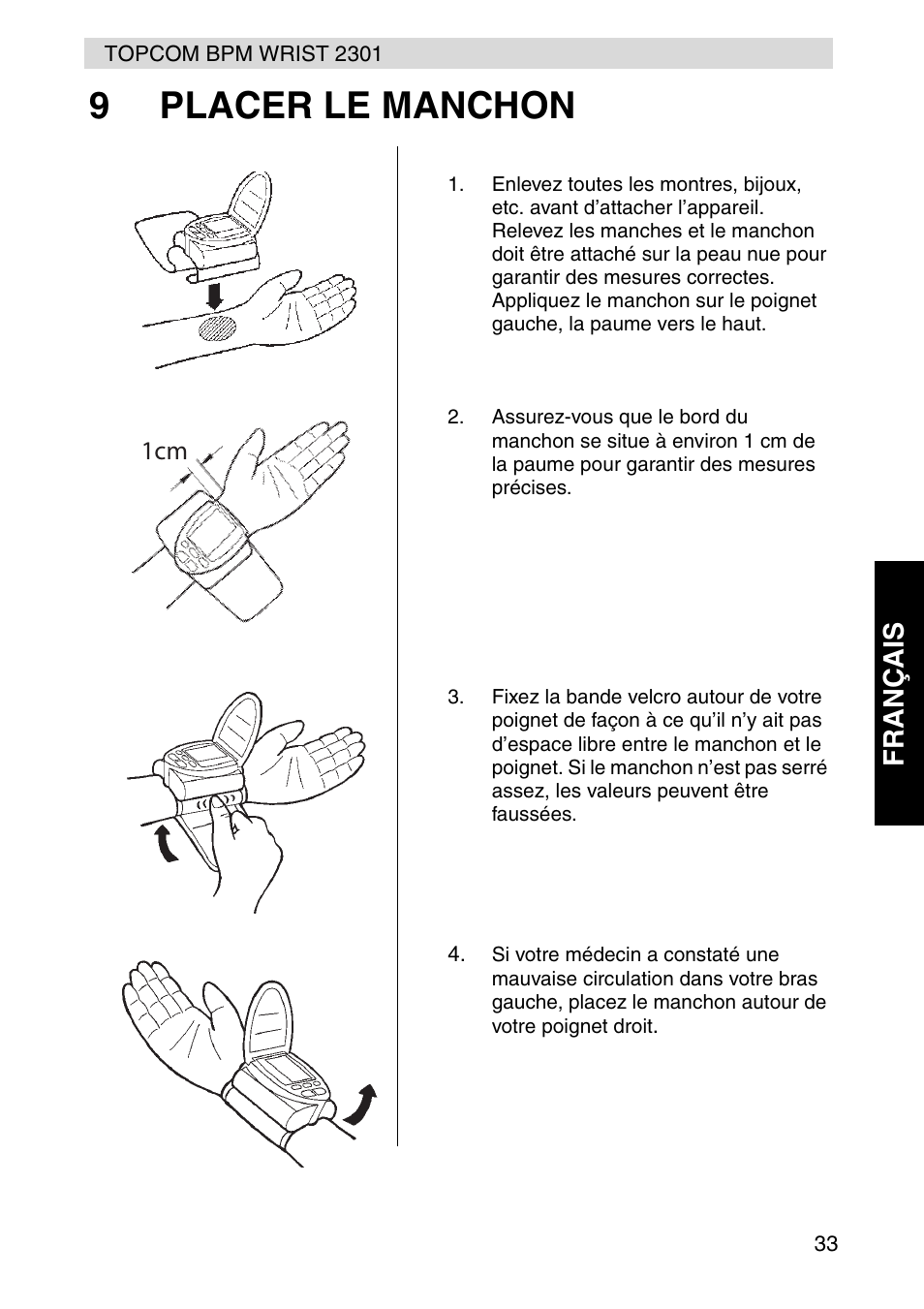 9placer le manchon, Fr ançais | Topcom BPM Wrist 2301 User Manual | Page 33 / 112