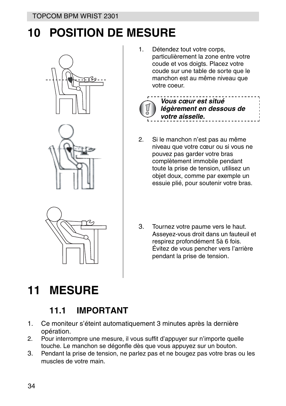 10 position de mesure 11 mesure, 1 important | Topcom BPM Wrist 2301 User Manual | Page 34 / 112