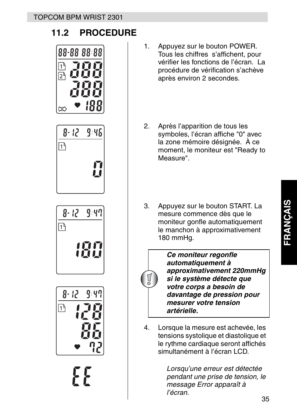 Fr ançais 11.2 procedure | Topcom BPM Wrist 2301 User Manual | Page 35 / 112