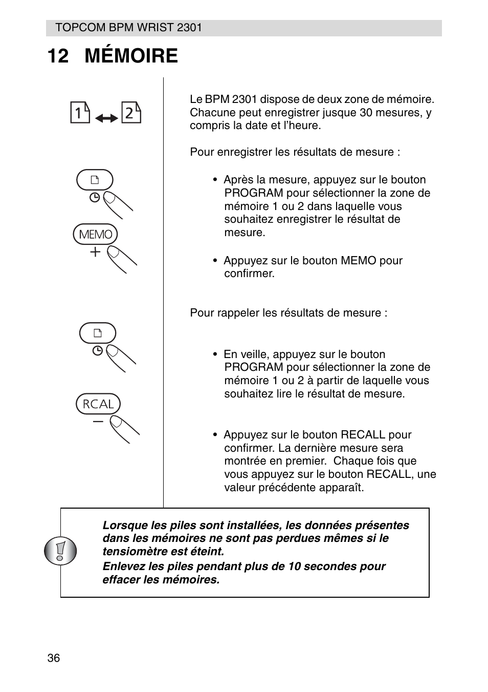 12 mémoire | Topcom BPM Wrist 2301 User Manual | Page 36 / 112