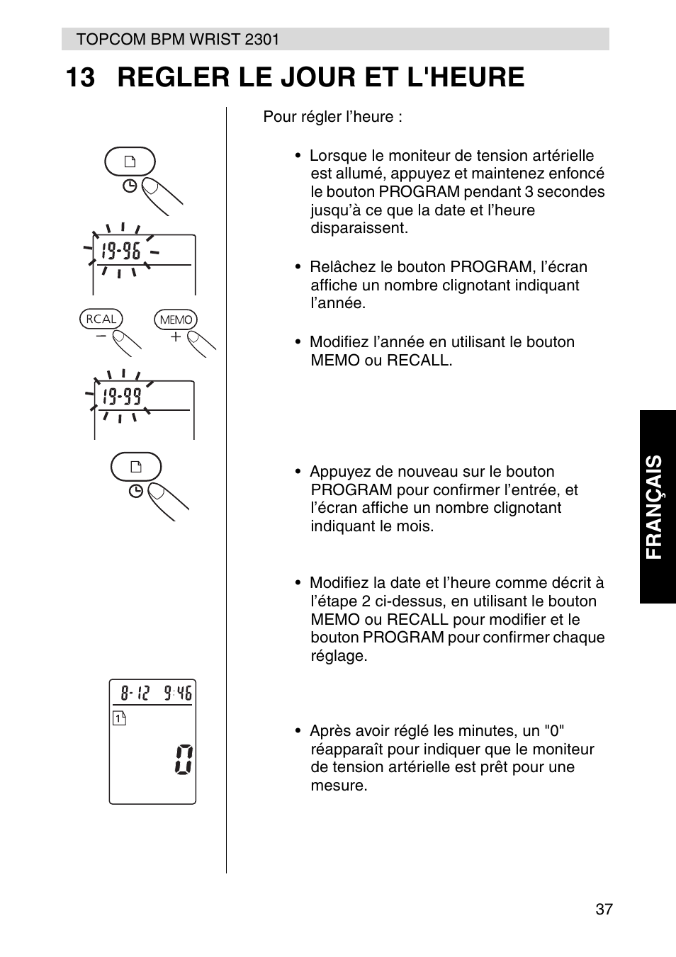 13 regler le jour et l'heure, Fr ançais | Topcom BPM Wrist 2301 User Manual | Page 37 / 112