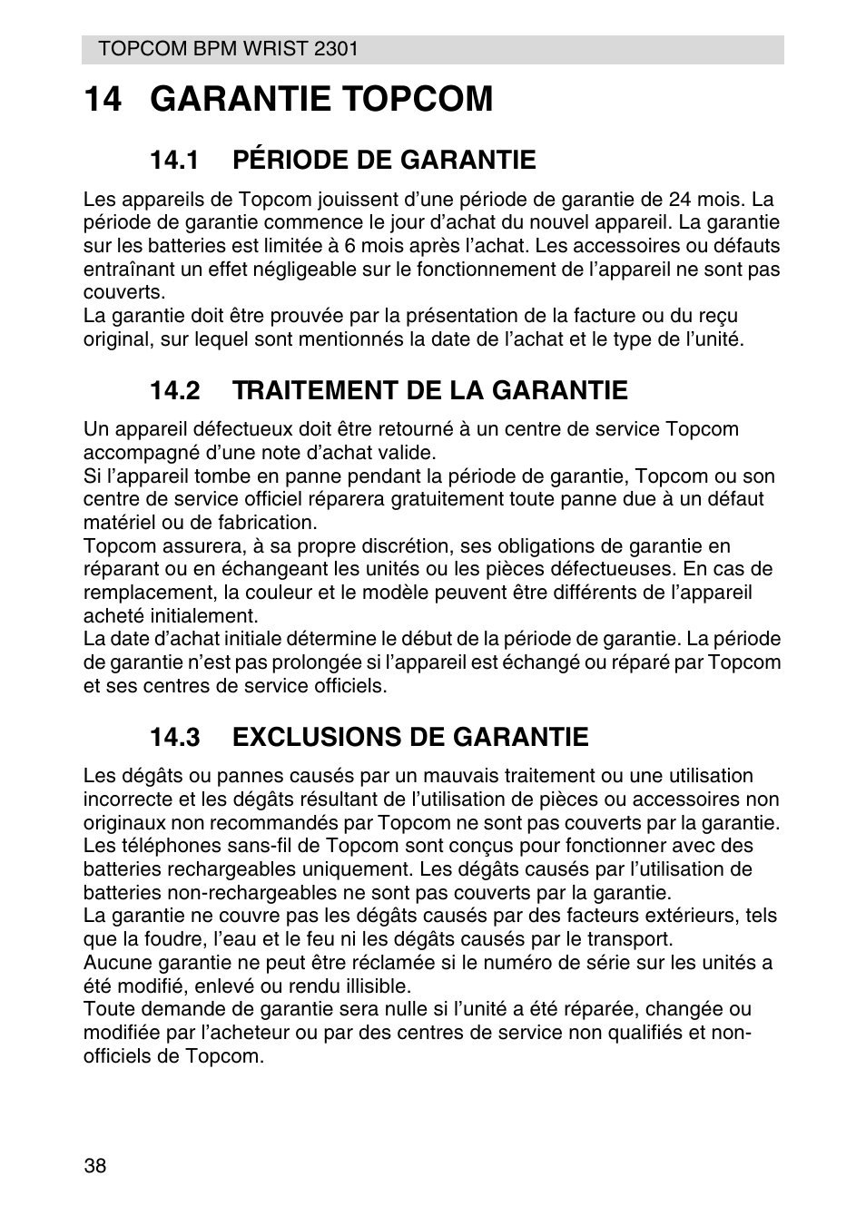 14 garantie topcom | Topcom BPM Wrist 2301 User Manual | Page 38 / 112