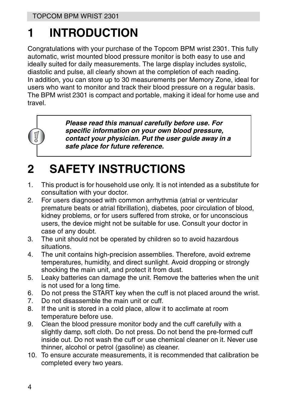 1introduction, 2safety instructions | Topcom BPM Wrist 2301 User Manual | Page 4 / 112