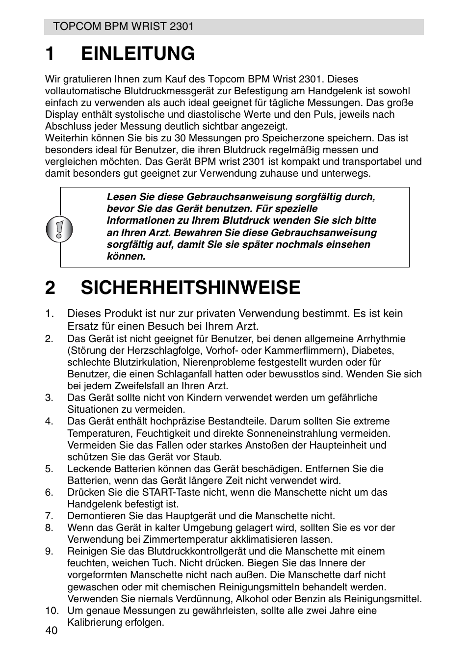 1einleitung, 2sicherheitshinweise | Topcom BPM Wrist 2301 User Manual | Page 40 / 112