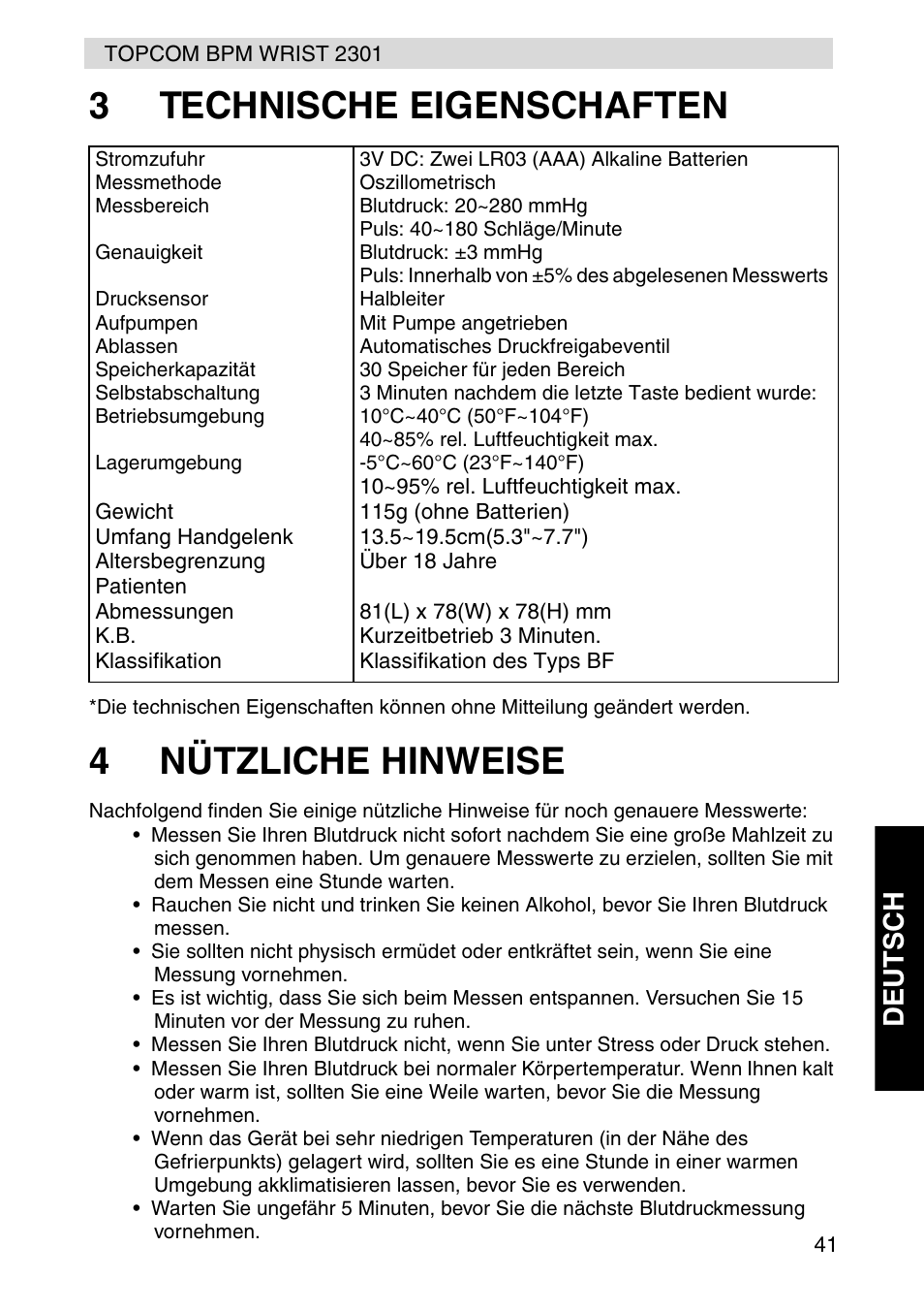 3technische eigenschaften, 4nützliche hinweise, Deut s ch | Topcom BPM Wrist 2301 User Manual | Page 41 / 112