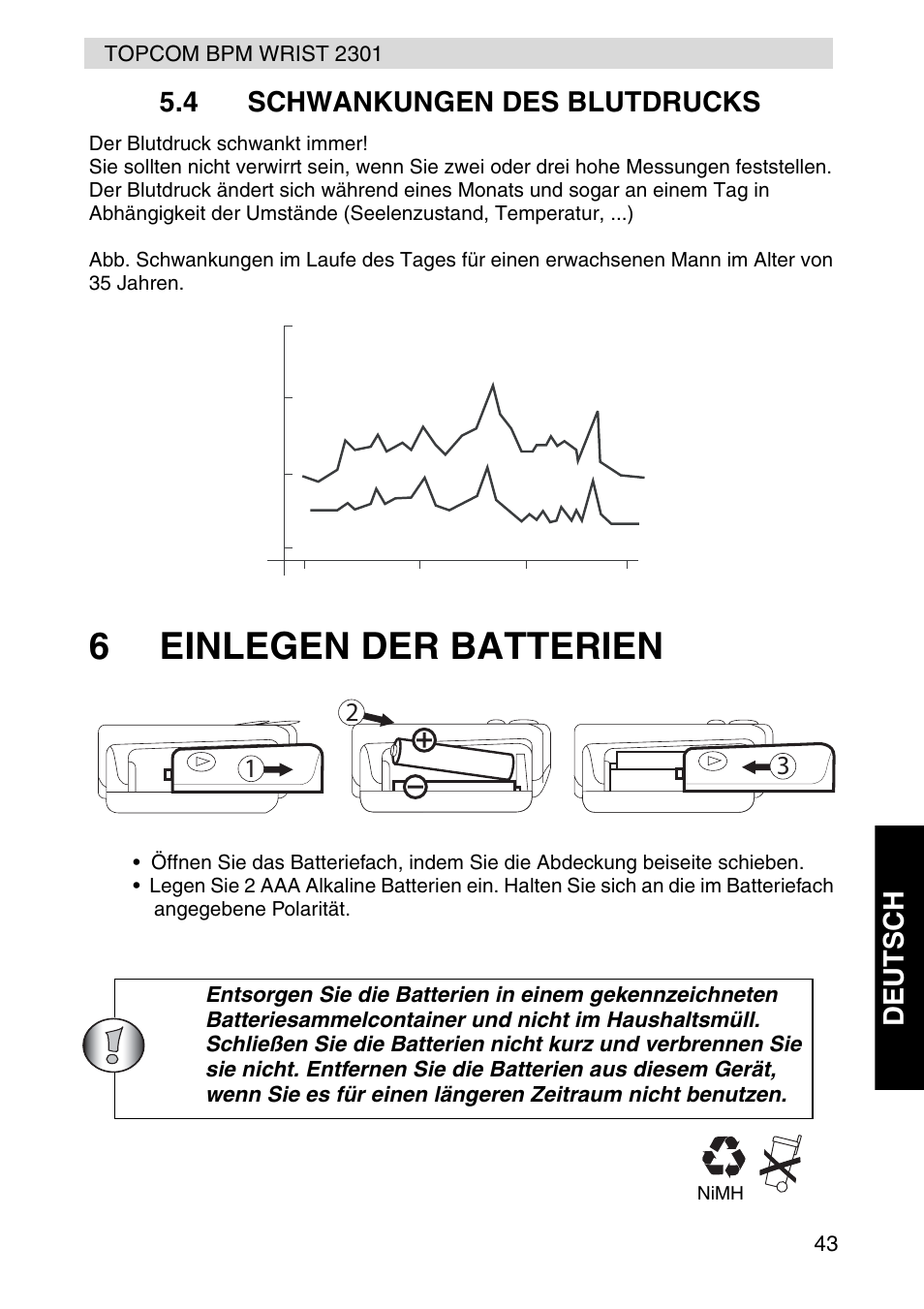 6einlegen der batterien, Deut s ch 5.4 schwankungen des blutdrucks | Topcom BPM Wrist 2301 User Manual | Page 43 / 112